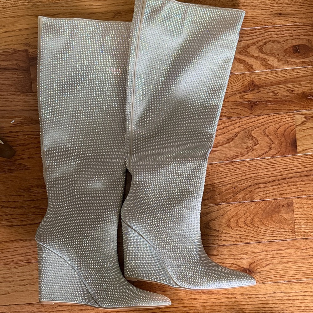 Rhinestone-Embellished Knee-High Wedge Boots